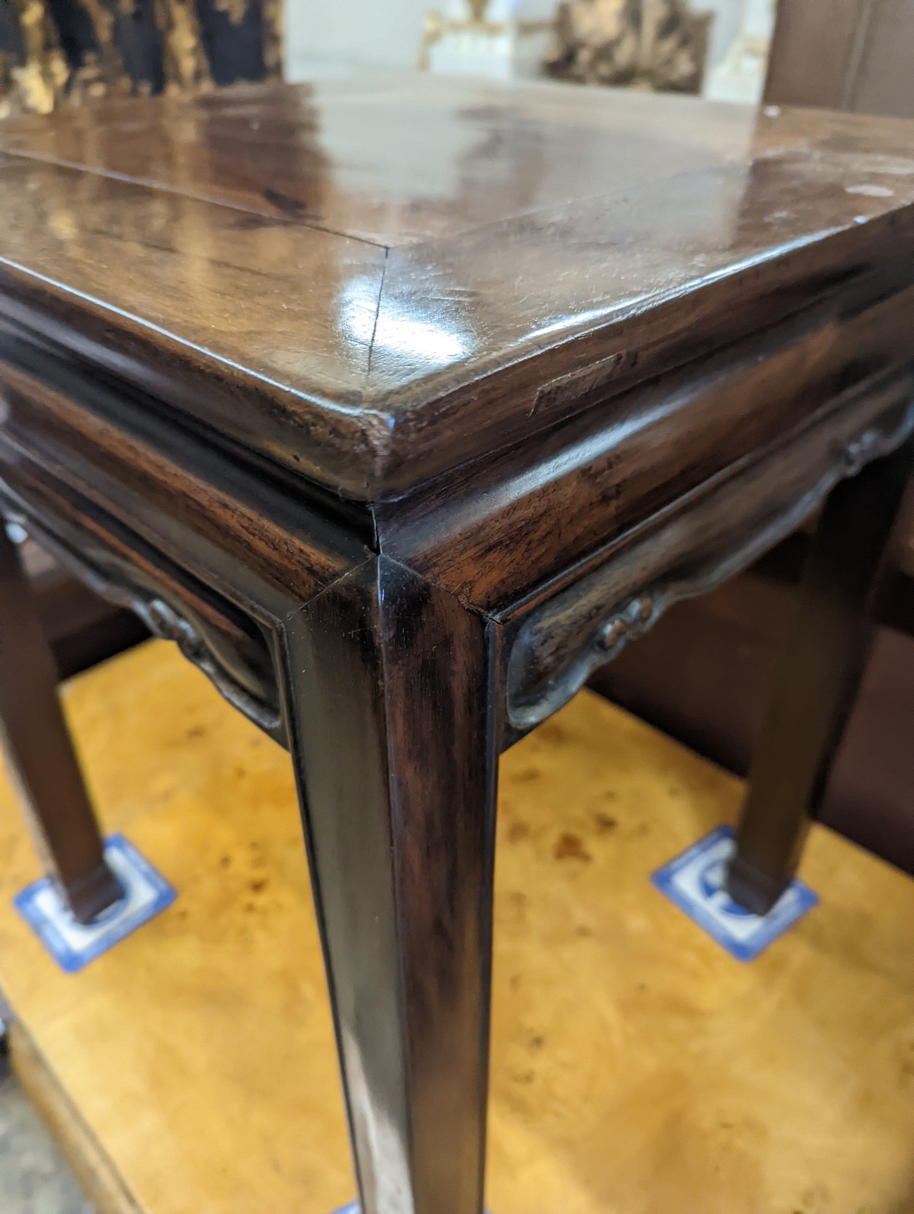 A Chinese square hardwood occasional table, width 41cm, height 52cm